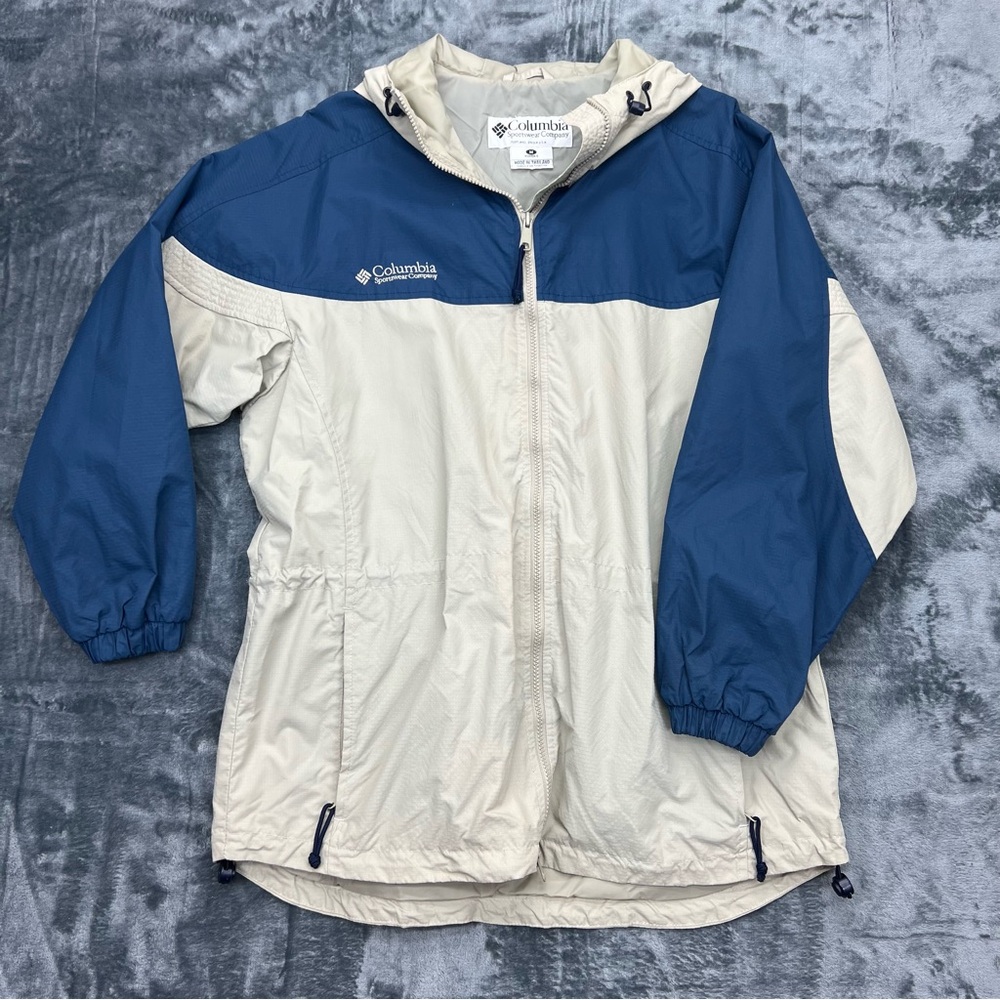 Columbia Women's Medium Tan Blue Lightweight Hooded Jacket Coat Full Zip EUC - Picture 1 of 13